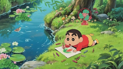 在溪边画画的蜡笔小新