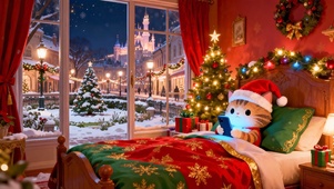 圣诞节床上玩手机的小猫咪