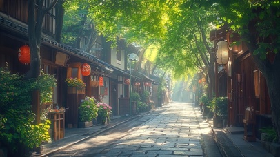 夏日朦胧绿色古镇街景
