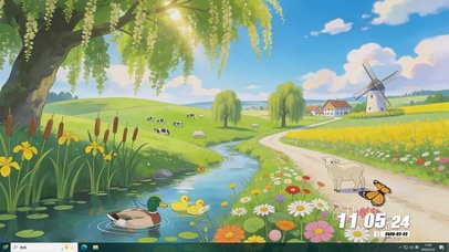 白云树木河流动物景色桌面主题