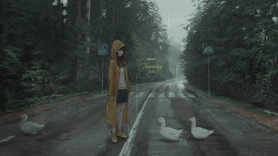 雨天赶鸭子的女孩