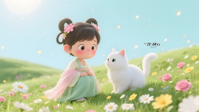 鲜花草地女孩逗猫