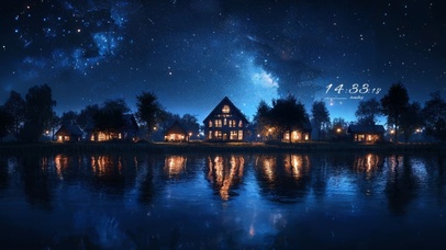 唯美城镇湖泊星空