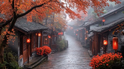 秋日阴雨天气古镇风景