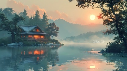 夕阳湖边小屋