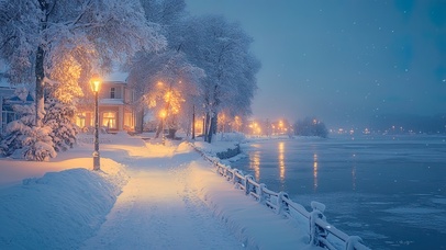 静谧冬季城市河边步行道