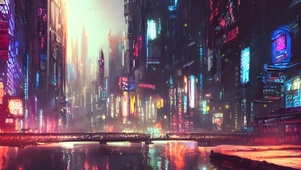 夜晚河边赛博朋克城市