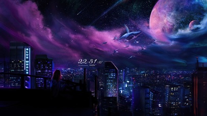 4k 唯美夜晚城市星空少女