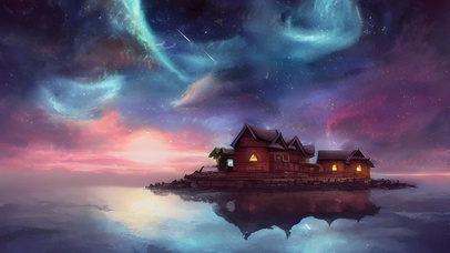 夜晚海岛小木屋