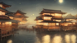夜晚日式海边渔村
