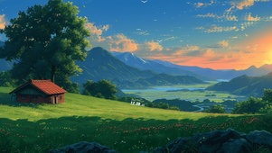 4K唯美落日晚霞春天山坡
