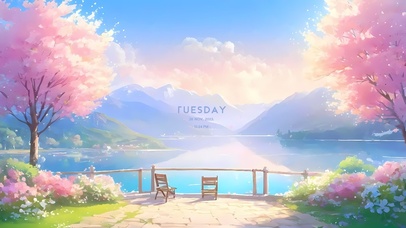 湖边温馨的樱花树