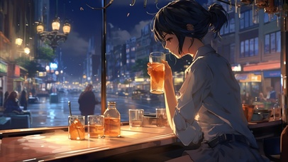 少女夜晚独酌