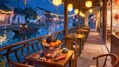 水乡围炉煮茶的夜晚
