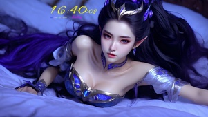 蓝衣精致躺床少女