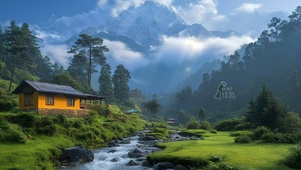 山间流水小屋