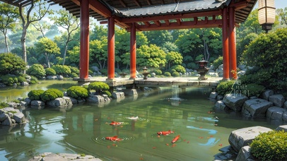 4K护眼庭院锦鲤池