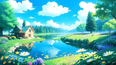 4K阳光春林里的河边小屋