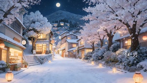 夜晚雪景樱花小镇