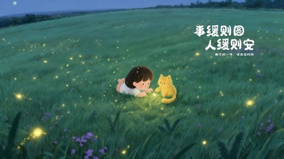 草地上萤火虫女孩猫咪