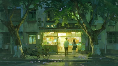 治愈夜晚街道商店