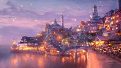 傍晚海边欧洲小镇