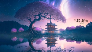 唯美夜晚湖边古树塔楼