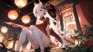 灯笼木屋旗袍少女