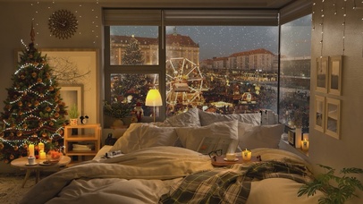 唯美治愈圣诞城市房间雪景