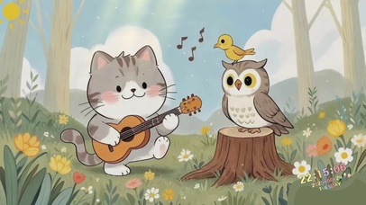 治愈系画风格小猫咪弹吉他