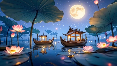 月下荷塘泛舟