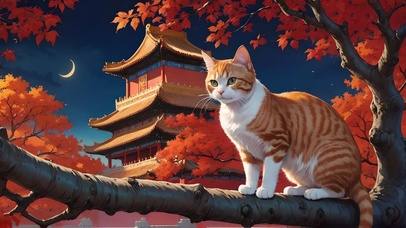 秋天夜晚树上猫咪