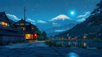 夜空雪山湖水小屋