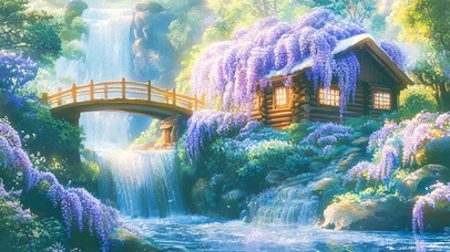 小桥流水紫藤花小屋