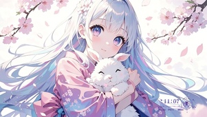 樱花雨中抱小兔的萝莉
