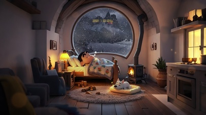 冬日雪夜壁炉卧室 酣睡的小新