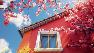 红墙桃花开