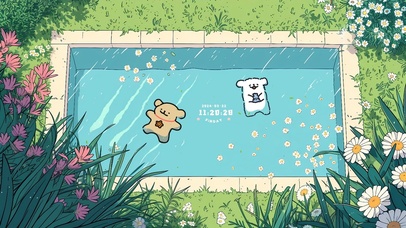 4K可爱线条狗泳池派对