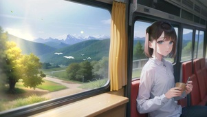 坐在电车上看书的女孩