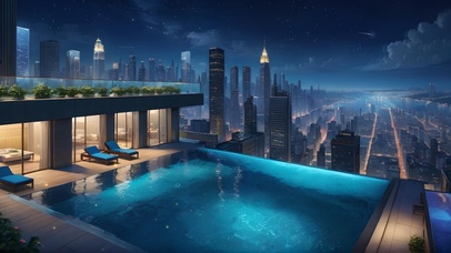 夜晚高楼无边泳池