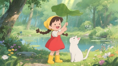 夏天女孩和猫咪