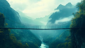 雨雾山谷吊桥