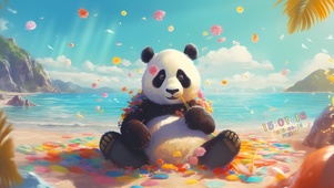 呆萌海边悠闲熊猫