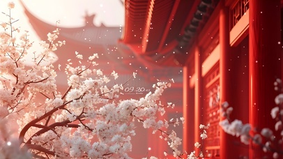 4K唯美浪漫红墙樱花