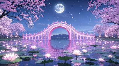唯美月下粉水晶拱桥