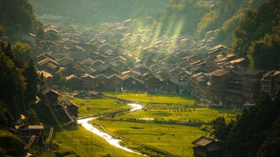 4K唯美日落苗寨风光