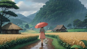 雨中乡下小路上的女孩
