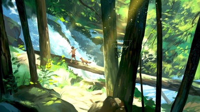 治愈夏日森林的男孩与狗