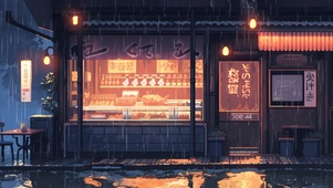 寿司店外的雨夜
