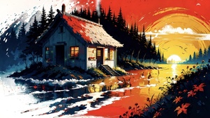 傍晚河边小屋